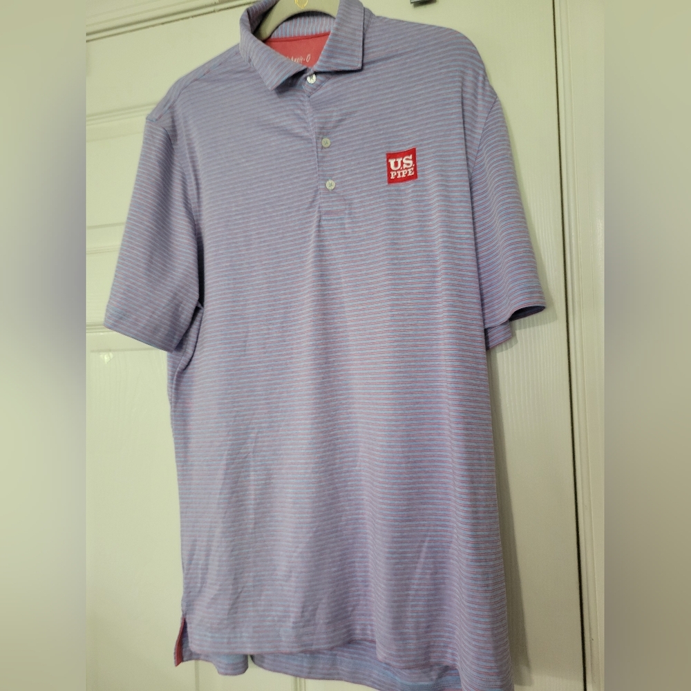 JOHNNIE-O Mens  STRIPED JERSEY PERFORMANCE POLO U.S.PIPE Chest Logo SZ L